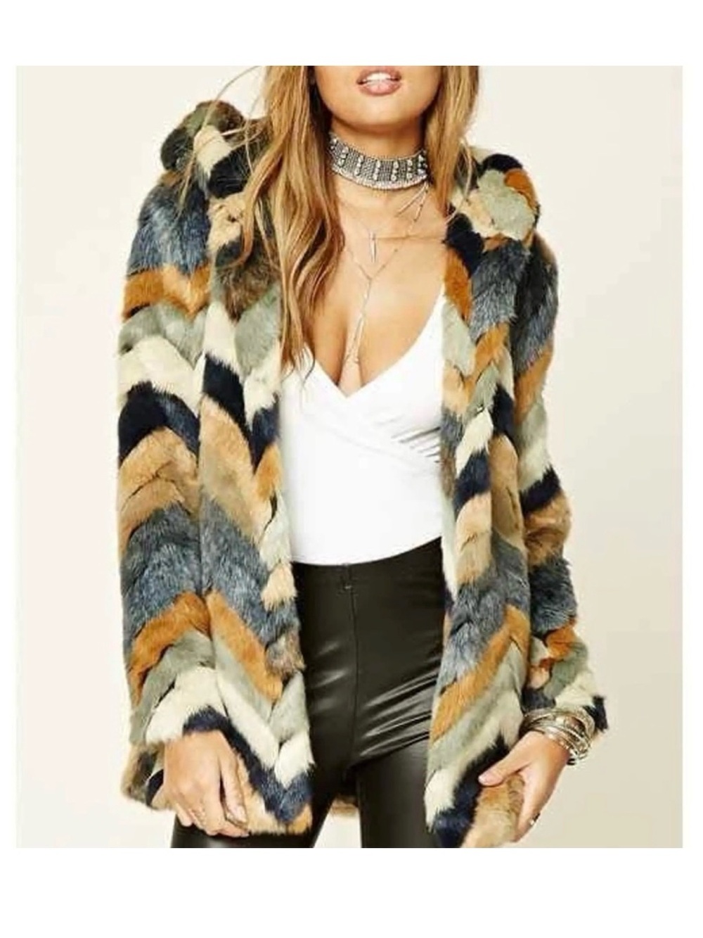 Forever 21 Multi-Color Chevron Faux Fur Jacket - No Hat.